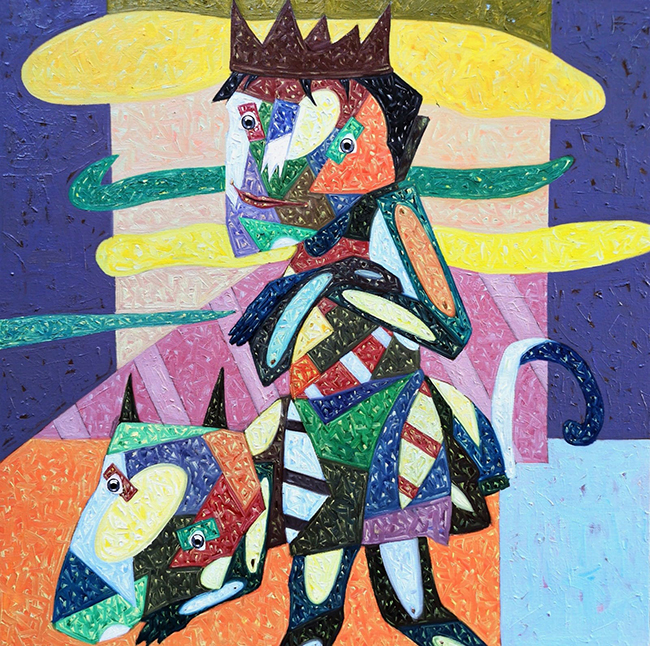 Roi et son chien - 80x80 - Peinture à l'huile sur toile